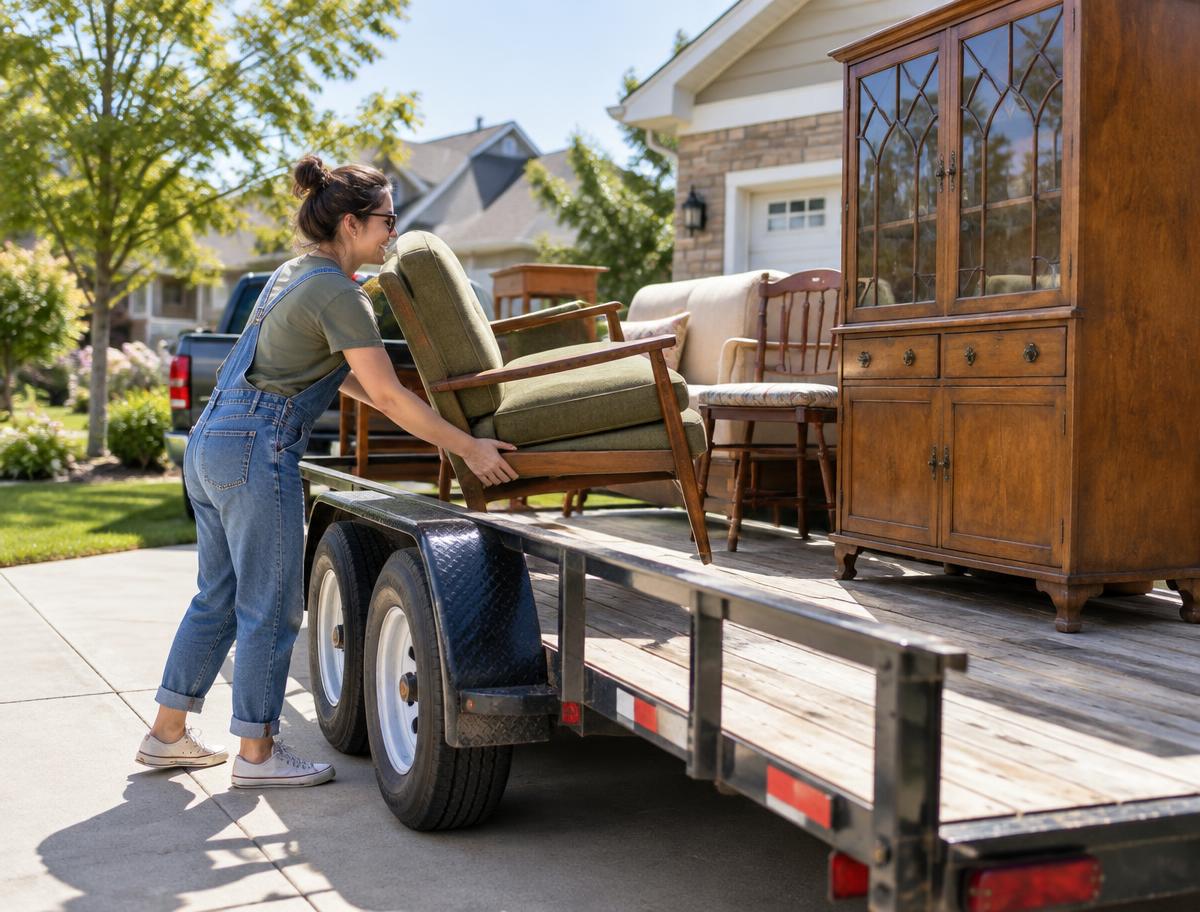 Furniture and a vintage cabinet being loaded onto a flatbed trailer